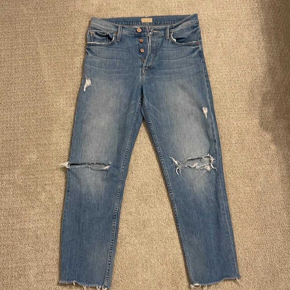 MOTHER denim, the Tomcat ankle with distress at the knees and hem. High rise